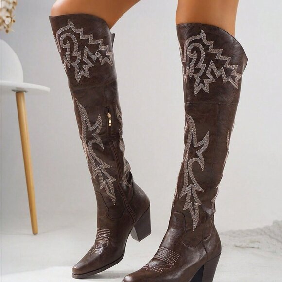Dark Brown Women's Embroider Thigh High country rodeo Western Cowboy Boots - Picture 4 of 6
